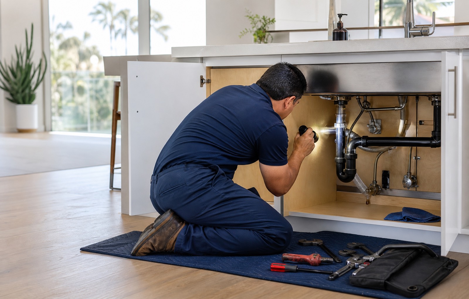 RAMG Plumbing technician inspecting plumbing beneath a kitchen sink